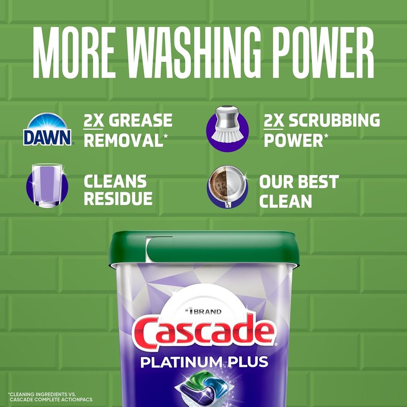 Cascade Platinum Plus Dishwasher Pods - Powerful Dish Detergent Soap with Clean Scent | 62 Count