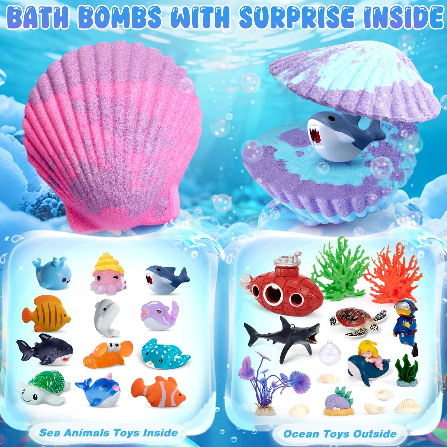 Toylink Ocean Bath Bombs for Kids with Toys Inside, 12 Pack Kids Shell Bath Bombs with Surprise Sea Animal Toys for Boys Girls Handmade Bubble Bath Fizzies Birthday Christmas Gift Set