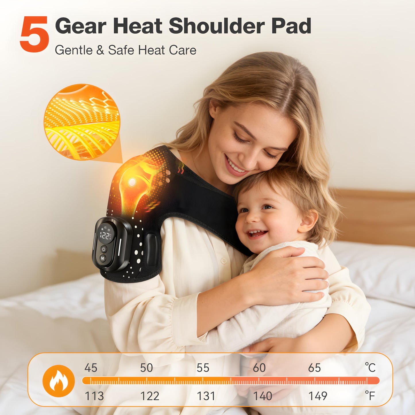 Trunsif Cordless Shoulder Heating Pad with Massage, Portable Heated Shoulder Brace with Magnetic Detachable Remote Control, 5 Heat & 5 Vibration Modes, Adjustable Fit for Men and Women, Black