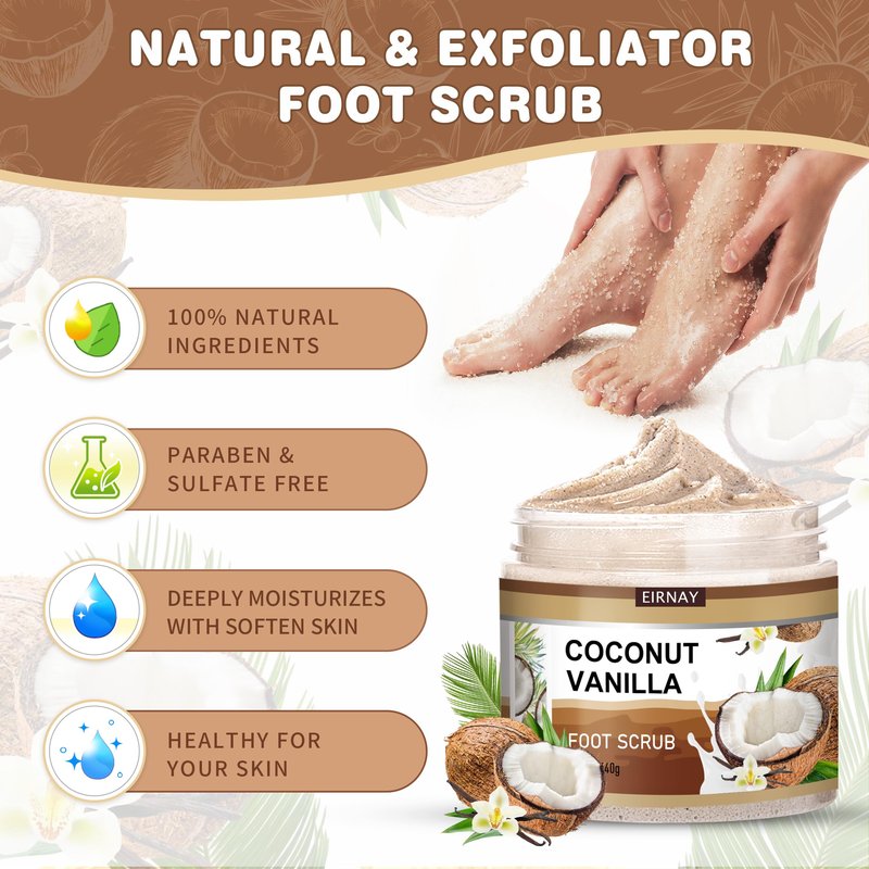 EIRNAY Coconut & Vanilla Foot Soak Set - Salts, Foot File, Scrub & Urea Cream Pedicure Supplies for Dry, Cracked Feet - Foot Spa Pedicure Kit for Women Men