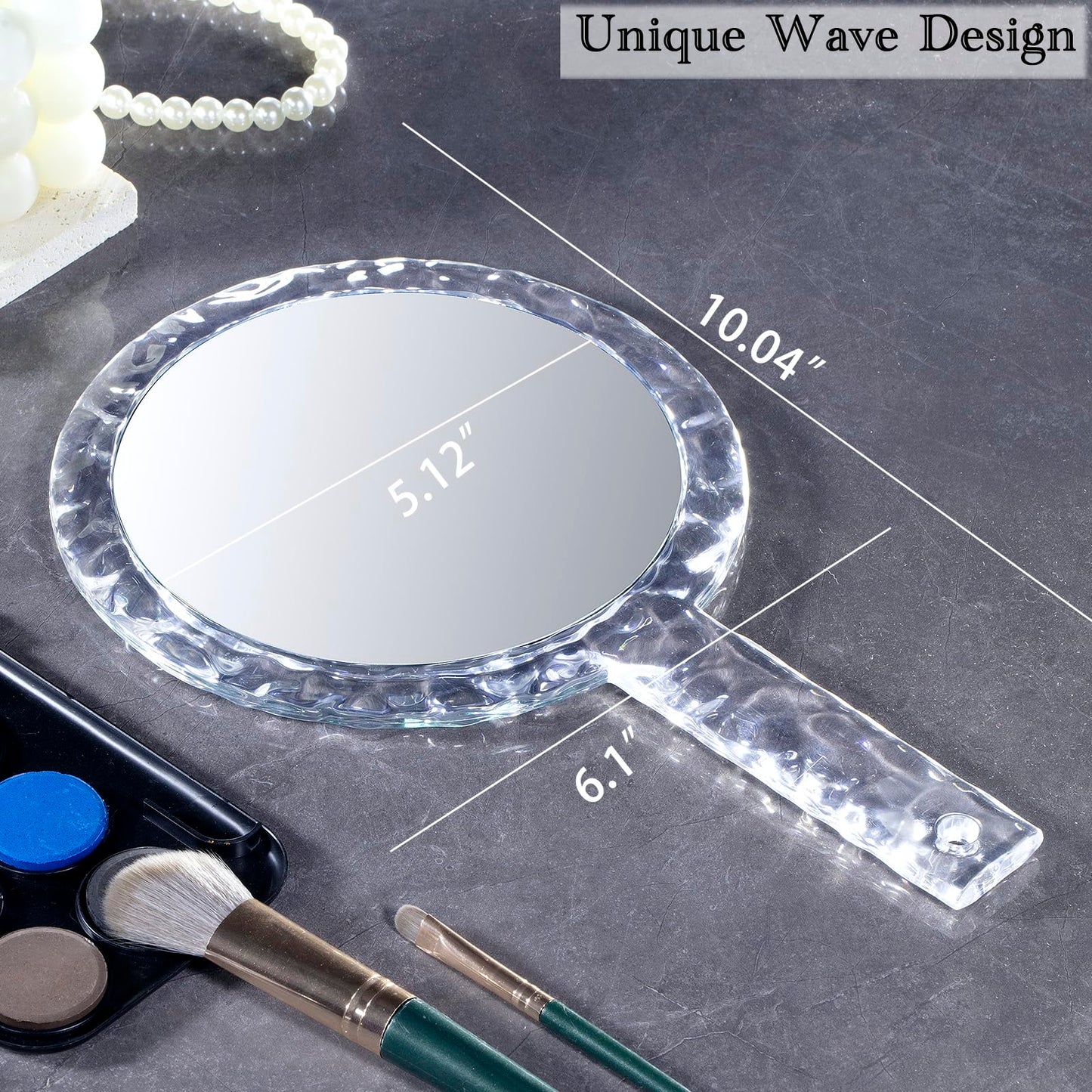 YEAKE Hand Mirror,Double-Sided Handheld 1X/5X Magnifying Mirror with Handle, Handle Makeup Mirror,Acrylic, 6.1" W x 10" L, Rounded Shape, Clear 2 PCS