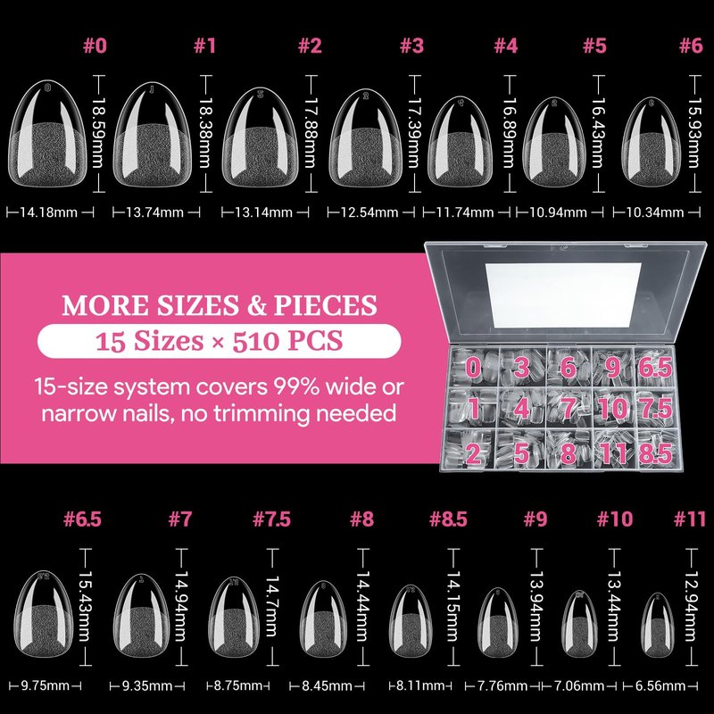 Qiek Extra Short Almond False Nail Tips, 15 Sizes 510 PCS Clear Soft Press On Fake Nail Pre-shaped Half Matte Full Cover Gel Nail Tips Extensions Thick Long Lasting for DIY Beginners & Salon Manicure