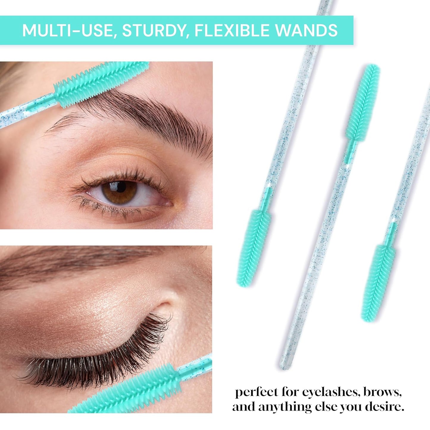 Skiennix Silicone Disposable Mascara Eyelash Wands - 50 Green Crystal Spoolie Brushes & Applicators