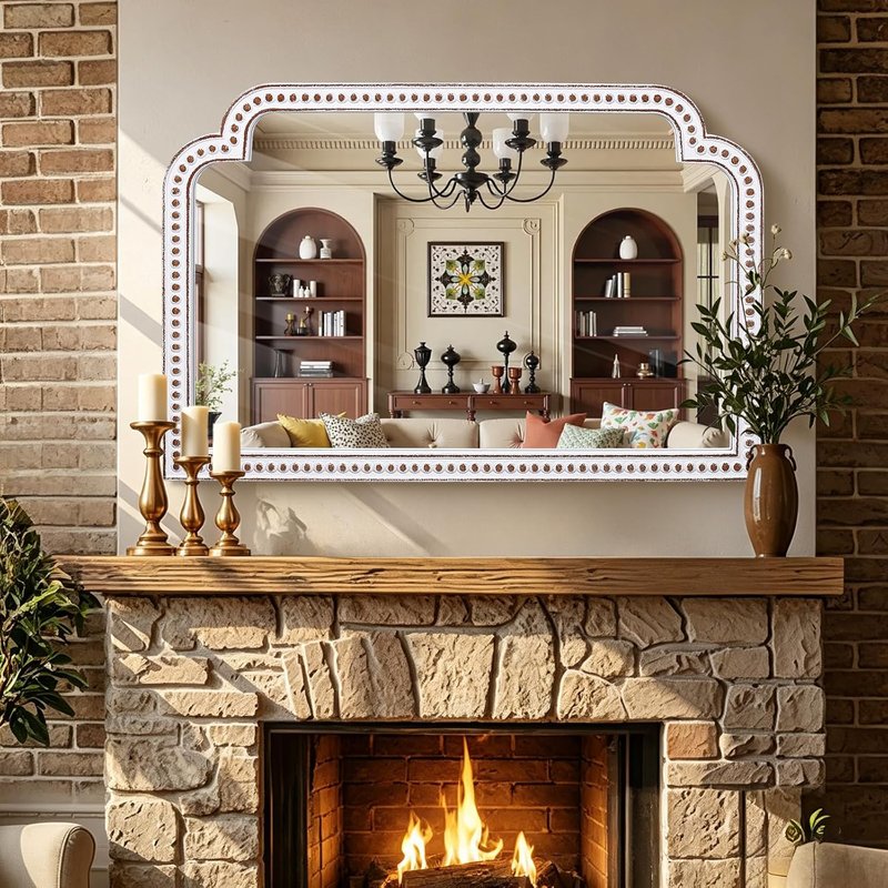 HOITUZYUS Farmhouse Wooden Wall Mirror - 24x36 Inch Beaded Decor for Living Room, Bedroom, Entryway