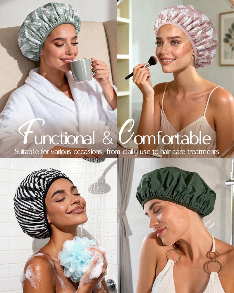 Yanibest Shower Cap for Women - Frizz Free Satin Lined Shower Cap Waterproof Large Double Layer Reusable with Soft Elastic Band for Braids Long Hair