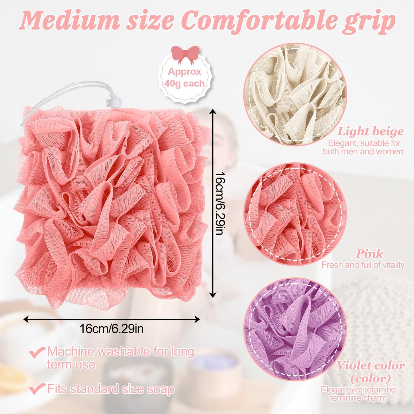Qianyu 3 Pcs Loofah Soap Bar Loofah 2-in-1 Washcloth Combo Saver Pouch Reusable Exfoliating Shower Mesh Hold Drawstring Cleansing Puff Ball with Soap Pocket for Bathing Body Wash