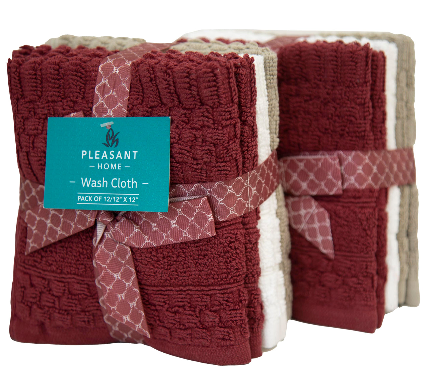 PH Pleasant Home Diamond Wash Cloths Set - 12 Pack (12” x 12”) – 509 GSM - 100% Ring Spun Cotton Wash Cloth - Super Soft and Highly Absorbent Face Towels (Maroon, White & Tan)
