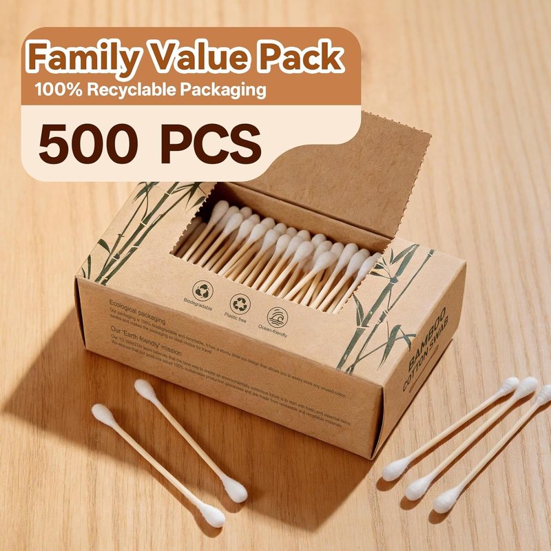 Bamboo Cotton Swabs - 500 Count Biodegradable Organic Buds for Makeup & Ear Cleaning | Eco-Friendly Wooden Sticks