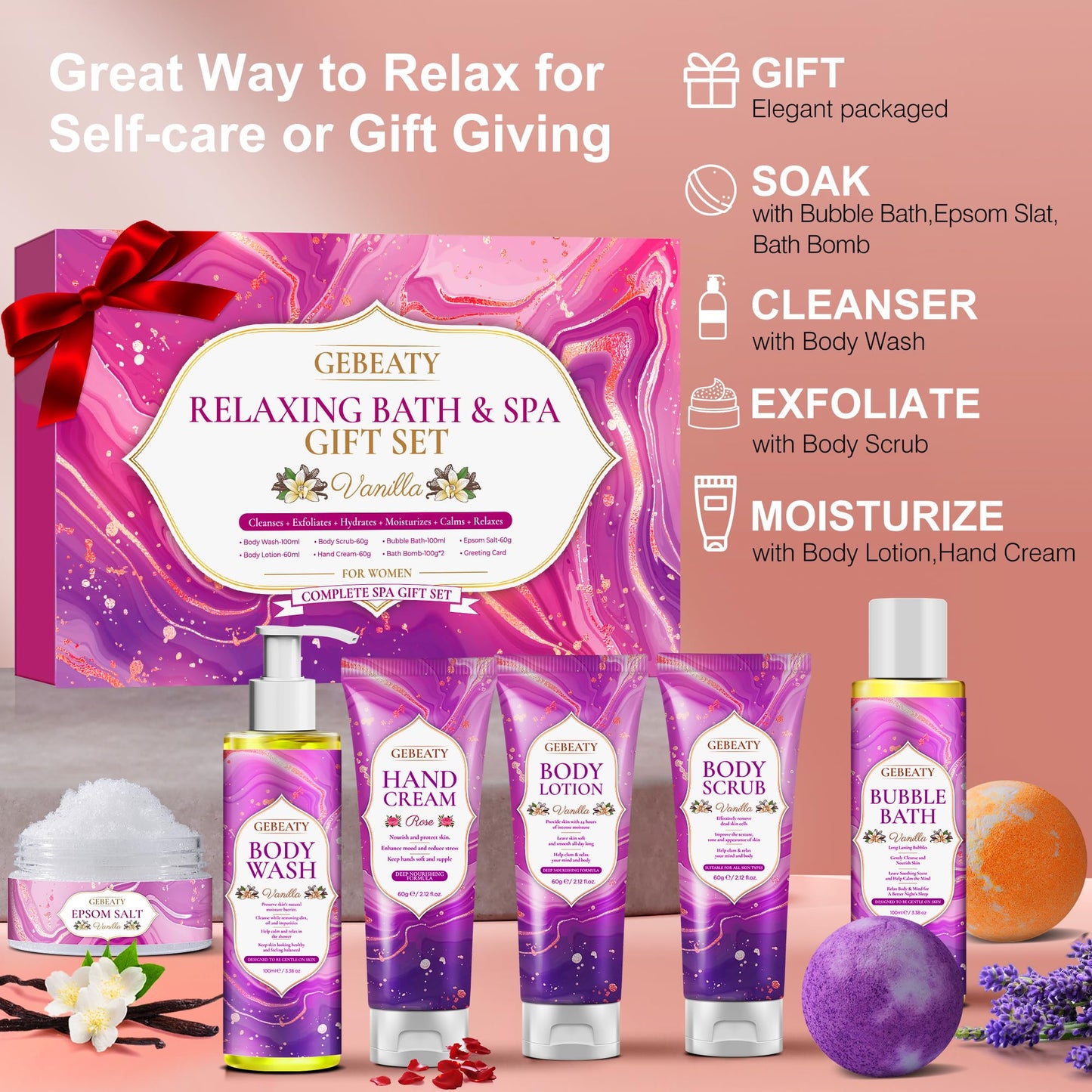 Spa Bath Sets for Women Gift,Stress Relief & Relaxing Body Wash Bath Set,Vanilla Home Spa Basket Gifts Set for Woman Mom Wife Her Sister,Unique Self Care Womens Gift ,Birthday Valentines Gifts Women