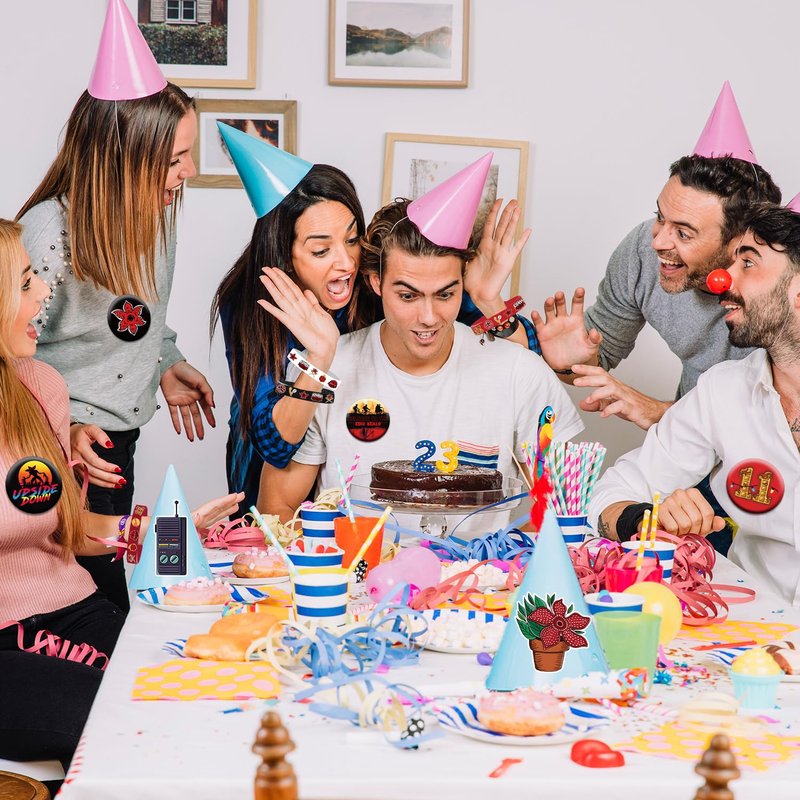 84Pcs Stranger Brithday Party Decorations Red and Black Theme Party Supplies Include 12 Rubber Bracelets 12 Keychain Wristbands 10 Button Pins and 50 Horror Elemental Stickers for Brithday Decorations
