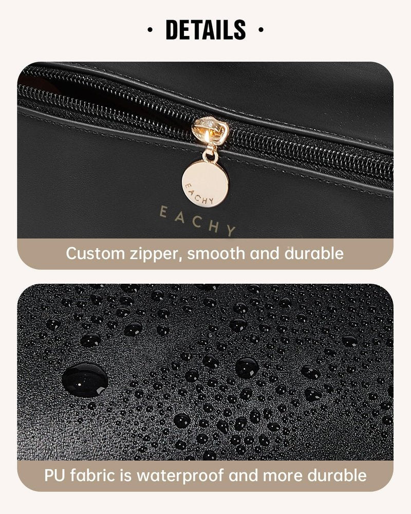 EACHY Travel Makeup Bag,Large Capacity Cosmetic Bags for Women,Waterproof Portable Pouch Open Flat Toiletry Bag Make up Bag with Divider and Handle, Gifts for Women (Black, Medium)