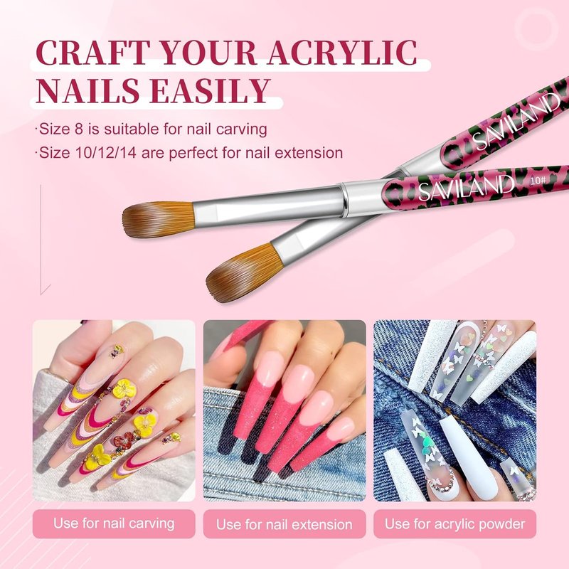 SAVILAND Kolinsky Acrylic Nail Brush Set - Professional Brushes for Acrylic Powder & 3D Art | Sizes 8/10/12/14
