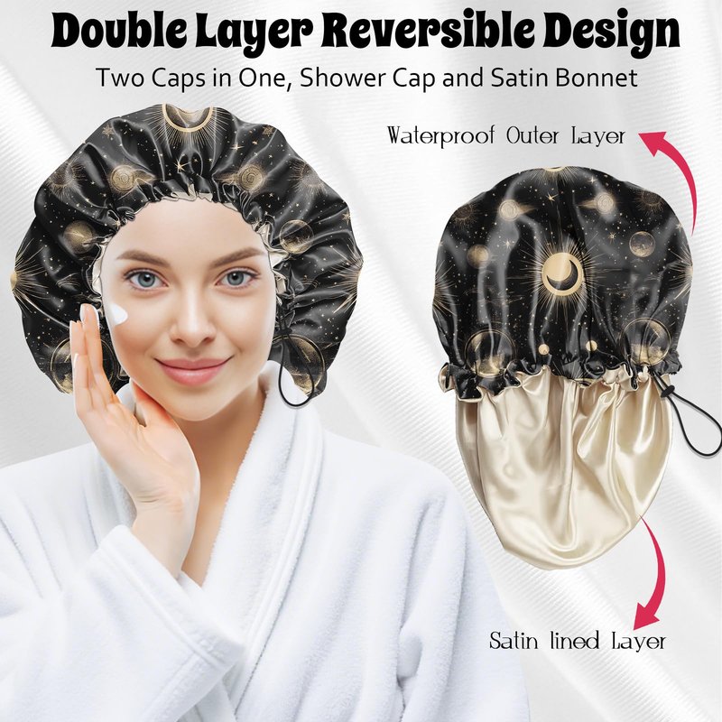 BHAHB Luxury Shower Cap Satin Lined Reusable Waterproof Double Layer Elastic Adjustable Hair Bath Cap Cute Aesthetic Women Girls-Moon