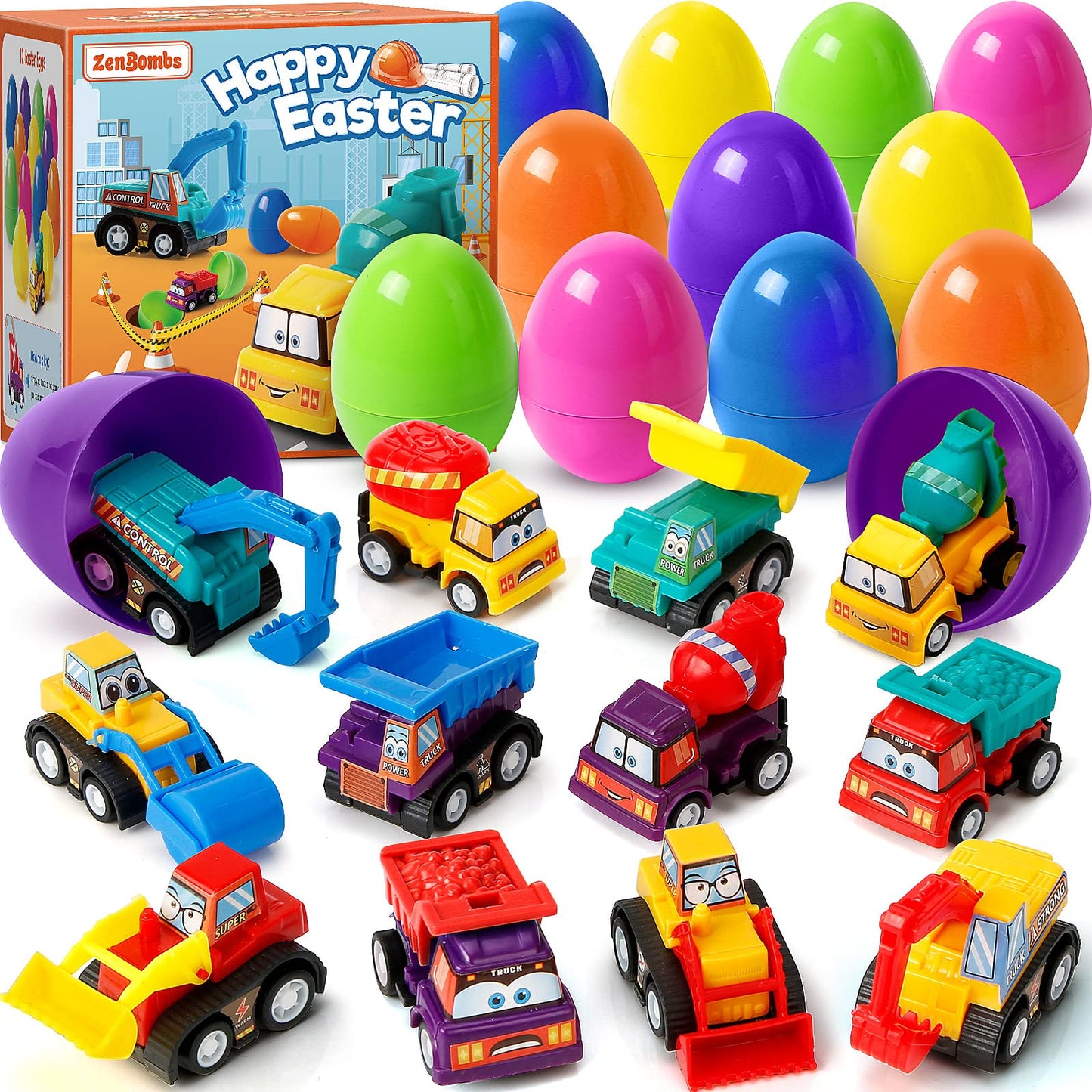 ZenBombs Easter Eggs Plastic Filled with Pull-Back Engineering Toys Gift for Easter Eggs Hunt, Birthday Party for Kids Over 3 Years Old 12-Pack
