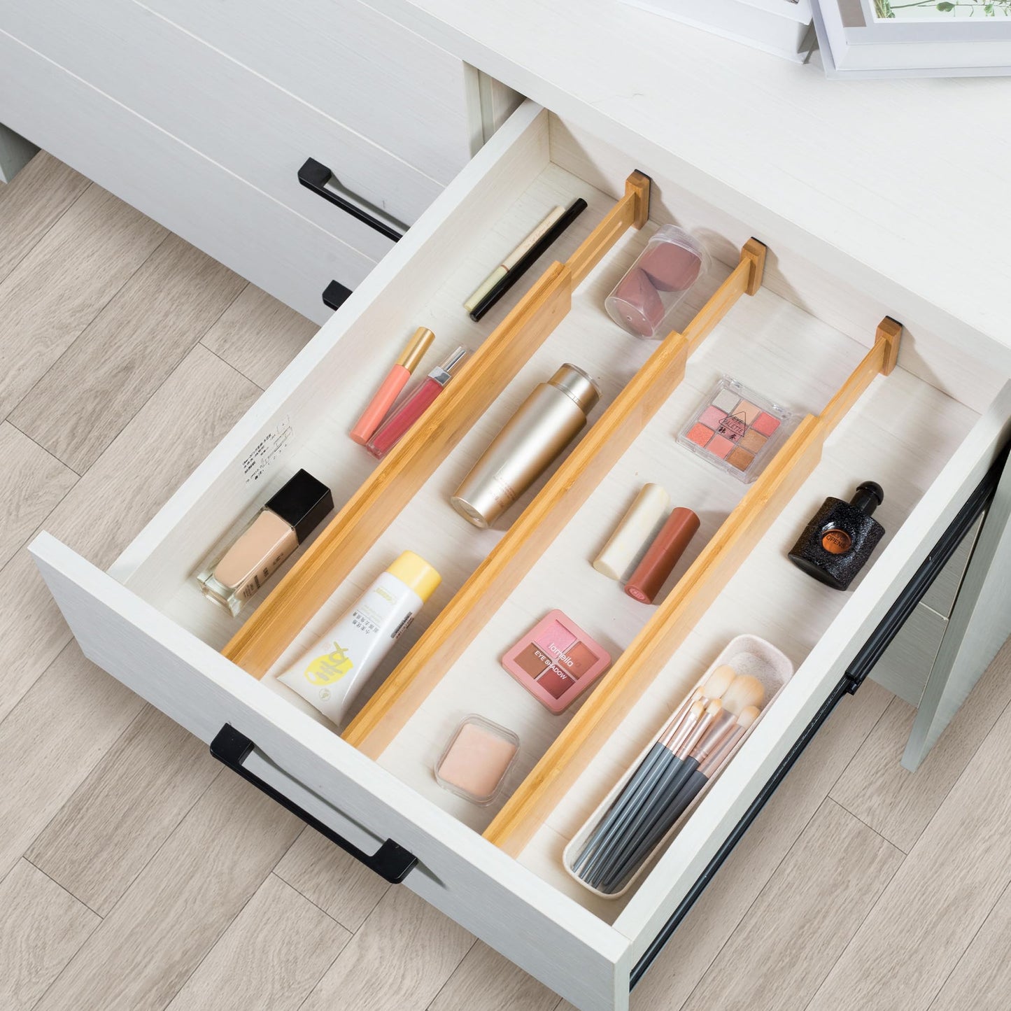 VaeFae 6-Pack Bamboo Drawer Dividers – Adjustable 14"-19.1" (Fits 15"-18" Drawers ONLY), Spring-Loaded Expandable Organizer for Kitchen, Bedroom, Office & Bathroom, MUST MEASURE Before Purchase