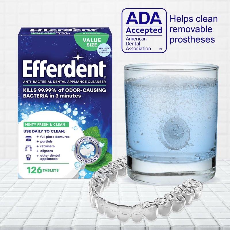 Efferdent Denture Cleaner Tablets – Dental Appliances, Aligners, Mouth Guard, and Retainer Cleaner Tablets, Minty Fresh & Clean, 126 Count