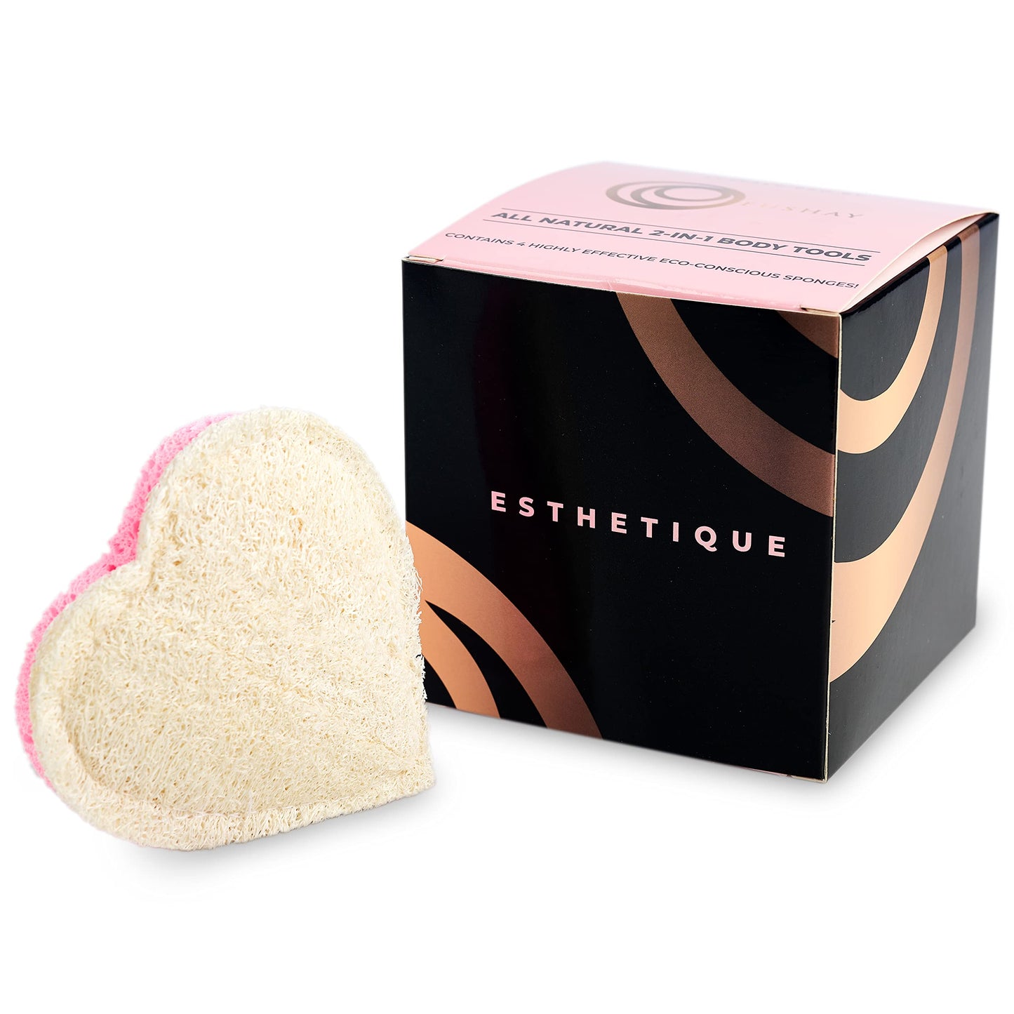 4 Pack LuffaLu Pro Sponge Loofah and Cellulose Fusion - Shower Cleaning and Exfoliating 2 Sided Coarse and Soft Spongy All-Natural Disposable Body Scrub by Fushay (Pink Hearts)