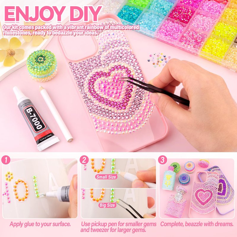 34000Pcs Resin Rhinestones for Bedazzling Kit, Mixed-Color 3mm Bedazzled Crystal with 3Pcs 10ml B7000 Jewelry Glue, Flatback Gems for DIY Crafts Clothing Nail Art Makeup