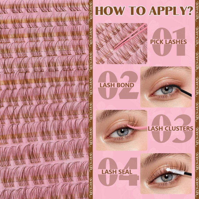 NYCAAR Velure Natural Brown Lash Clusters Kit Wispy Invisible Band Lash Extension Kit 120pcs Venus Lashes Clusters in C Curl 8-16mm with Bond and Seal, Remover & Applicators for Beginner DIY at Home