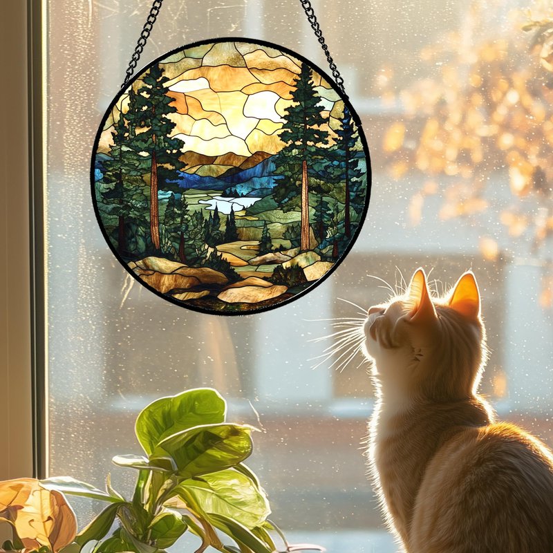 GEFOS Stained Glass Window Hanging Forest Lake Mountain Sunset 7.8" - Suncatcher Door Garden Sunroom Sun Catcher Home Decor Birthday Christmas for Mom Men Woman Nana Friend