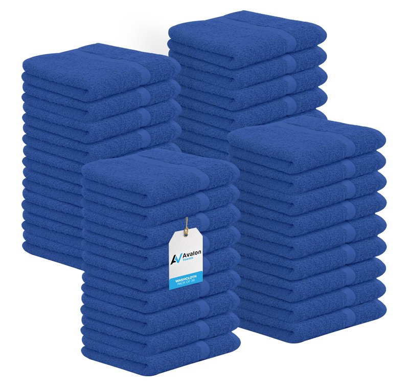 Avalon Towels Cotton Washcloths – (Pack of 36) Size 12x12 Inches, 100% Ring Spun Cotton, Soft & Absorbent Face Towels, Gym Towels, Hotel and Spa Quality, Reusable Fingertip Towels (Blue)