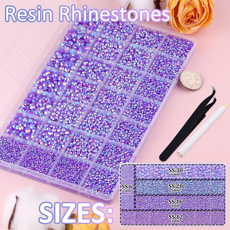 30000Pcs Resin Rhinestones for Bedazzling with Tweezers, Dark Purple AB Rhinestones for Crafting with 3Pcs 10ml B7000 Jewelry Glue for DIY Crafts Clothing Tumblers Shoes Fabric Nail Art
