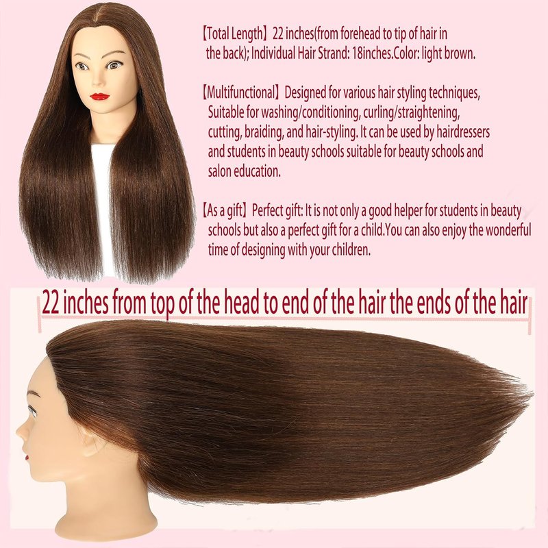 Real Hair Mannequin Head - 20” Nature Brown Cosmetology Training Doll with Clamp & Comb