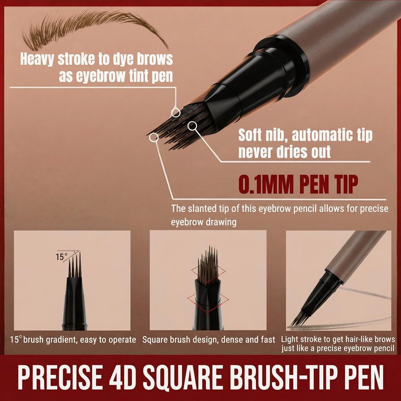 Eyebrow Pencil for Women, 2-in-1 Microblading Eyebrow Pen with 4D Square & Ultra-Fine Tips, Waterproof Long-Lasting Brow Pencil, Hair-Like Strokes for Natural Fuller Brows with Brow Brush, Dark Brown