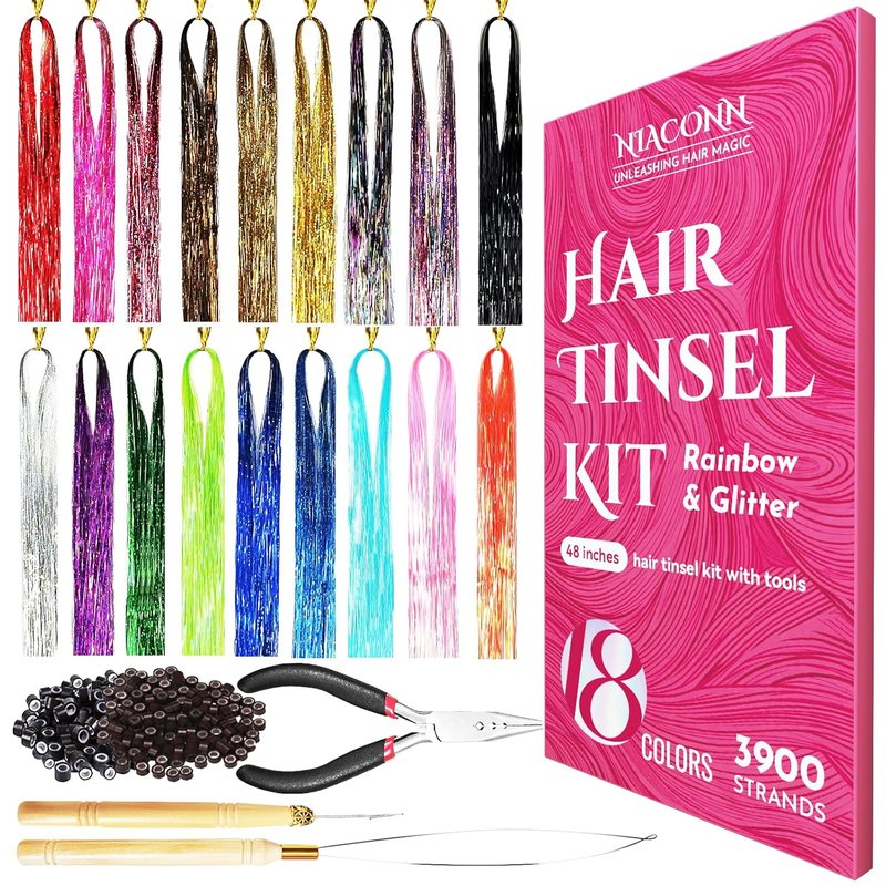 Glitter Hair Tinsel Extensions Kit - 18 Colors, 48 Inch Sparkly Strands | Shiny Hair Accessories for Women & Kids