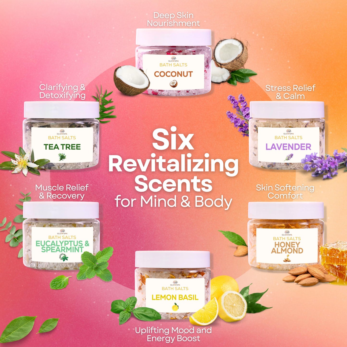Epsom Salt Bath Soak Gift Set for Women – 6 Scent Bath Salts: Lavender, Rose, Chamomile, Eucalyptus, Coconut, Orange – Relaxing Bath Crystals, Self Care Spa Gifts for Moms
