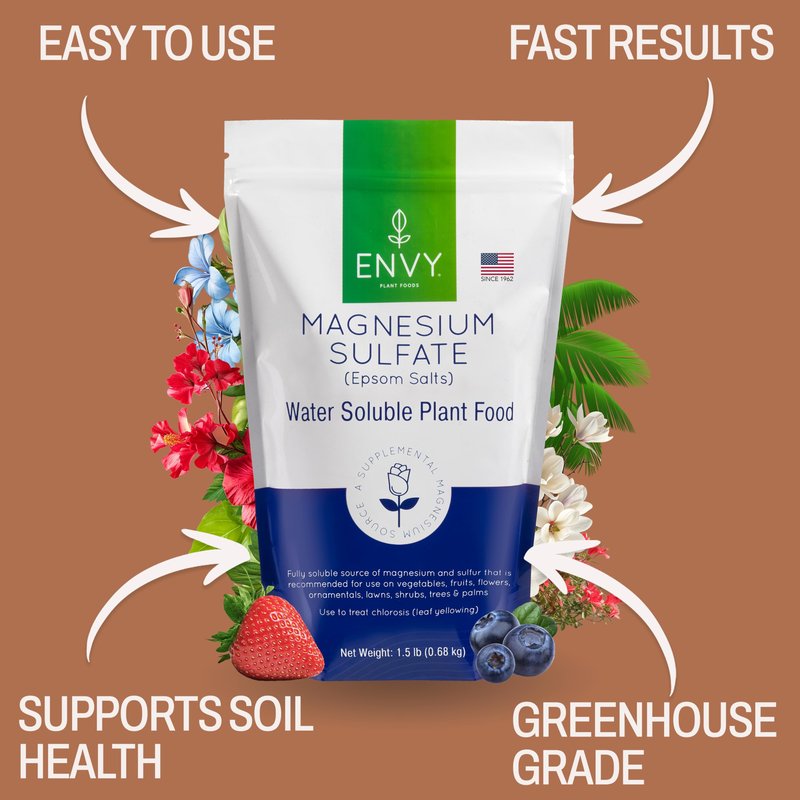 ENVY Organic Magnesium Sulfate Plant Food - Water Soluble Epsom Salts | Fertilizer for Roses, Flowers, Shrubs, Vegetables and Trees (1.5 lbs)