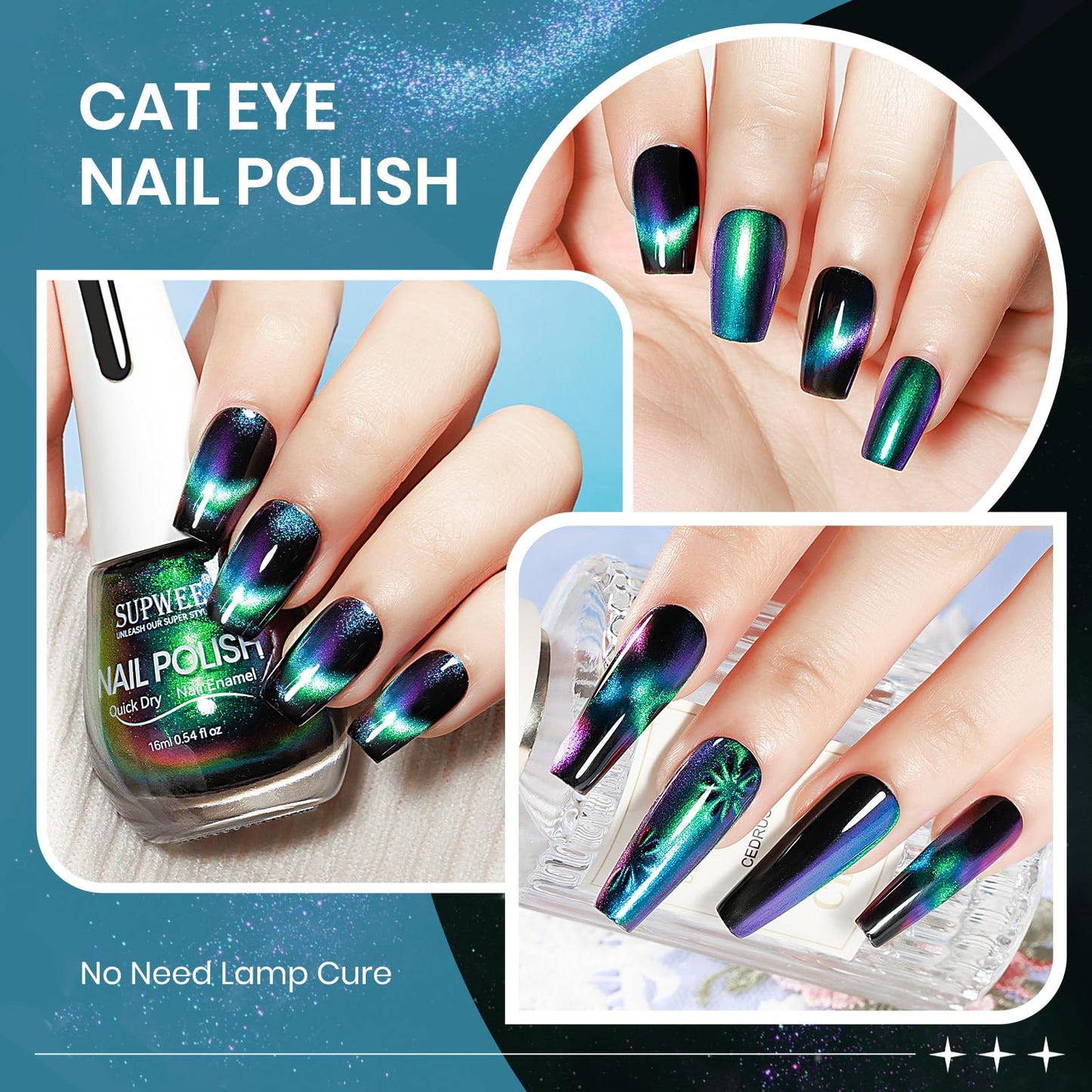 SUPWEE Cat Eye Nail Polish Non Gel with Magnet Quick Dry Cateye Magnetic Nail Polish for Fingernail Air Drying Fast Lacquer Manicure Gift For Women Girls 16ml, 0.54fl oz