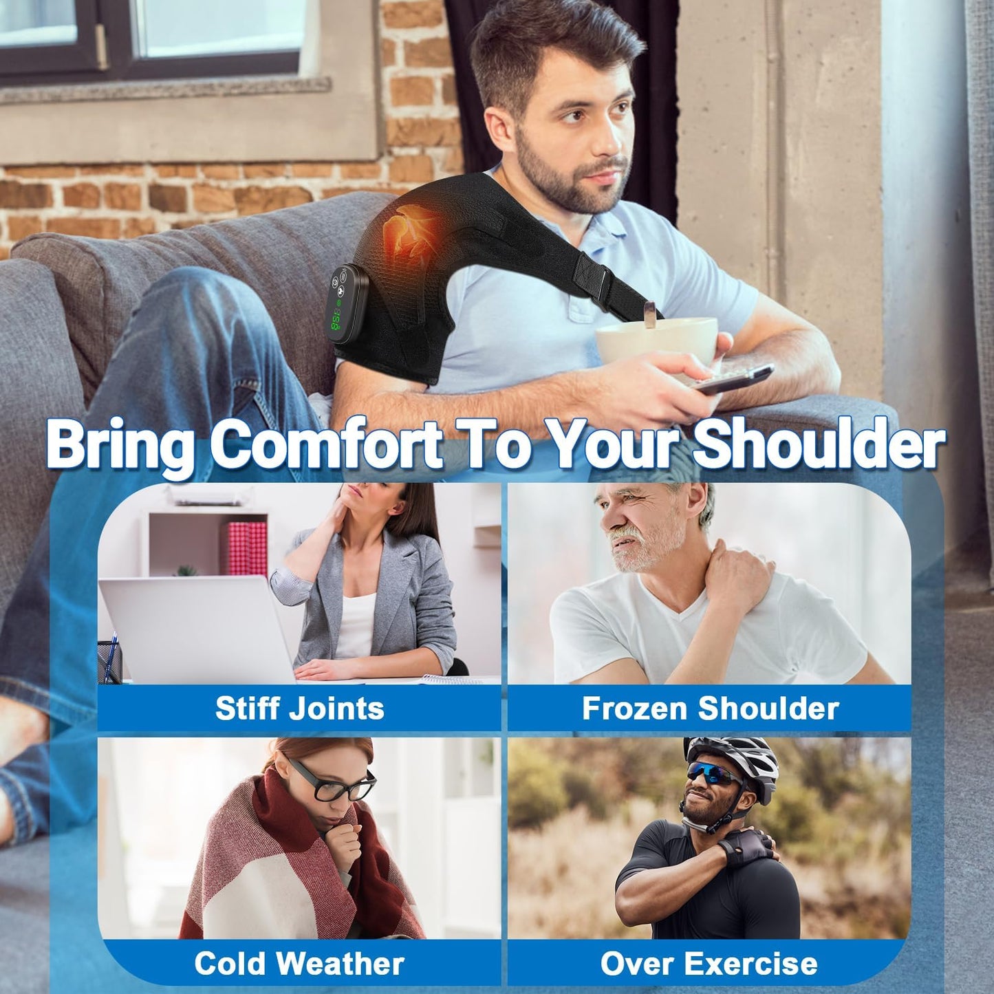 YUANBO Cordless Shoulder Heating Pad with Massager, Portable Shoulder Massager Wrap with 6 Timer & 3 Vibration with 6 Heat & Timer Modes Warmer for Men Women