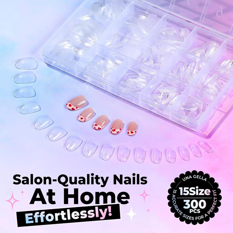 Oval Gel Nail Tips - 300PCS Pre-Etched Clear Acrylic | Short Almond Press-On Nails for Easy DIY Salon Use