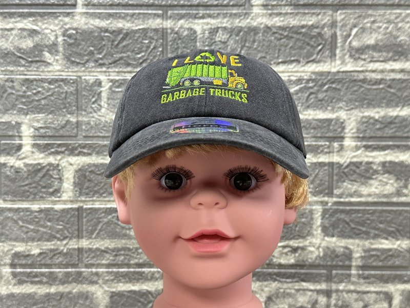 Horpe Garbage Trucks Hat for Kid, Trash Baseball Cap for Boys & Girls, Embroidered Washed Black Snapback Cap for Child