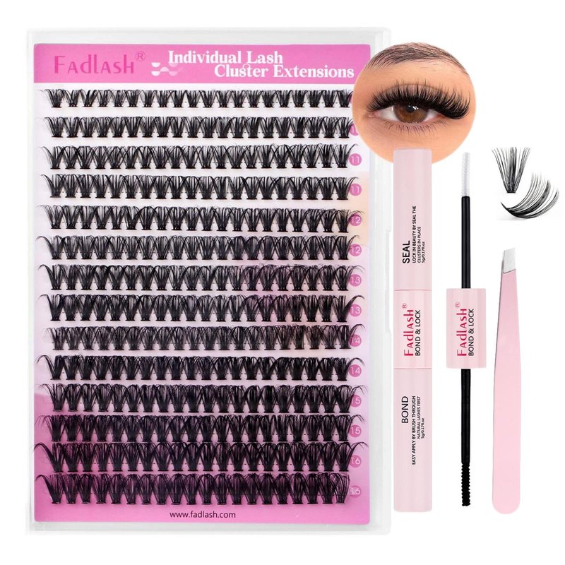 FADLASH Lash Clusters Kit 280PCS Natural Eyelash Clusters Individual D Curl Cluster Eyelash Extensions 8-16mm with Lash Bond and Seal Lash Tweezer for Beginners Soft Thin Band (40D-0.07D-8-16mm KIT)