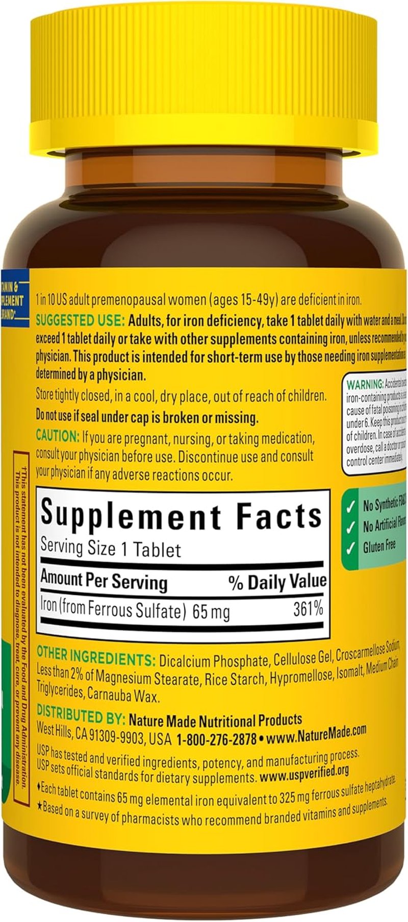 Iron Supplements for Red Blood Cell Support - Nature Made 65 mg Ferrous Sulfate | 180 Tablets