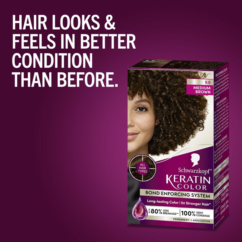 Schwarzkopf Keratin Permanent Hair Dye Cream, 5.0 Medium Brown, Professional Quality Color for Up to 100% Gray Coverage, Bond Enforcing System