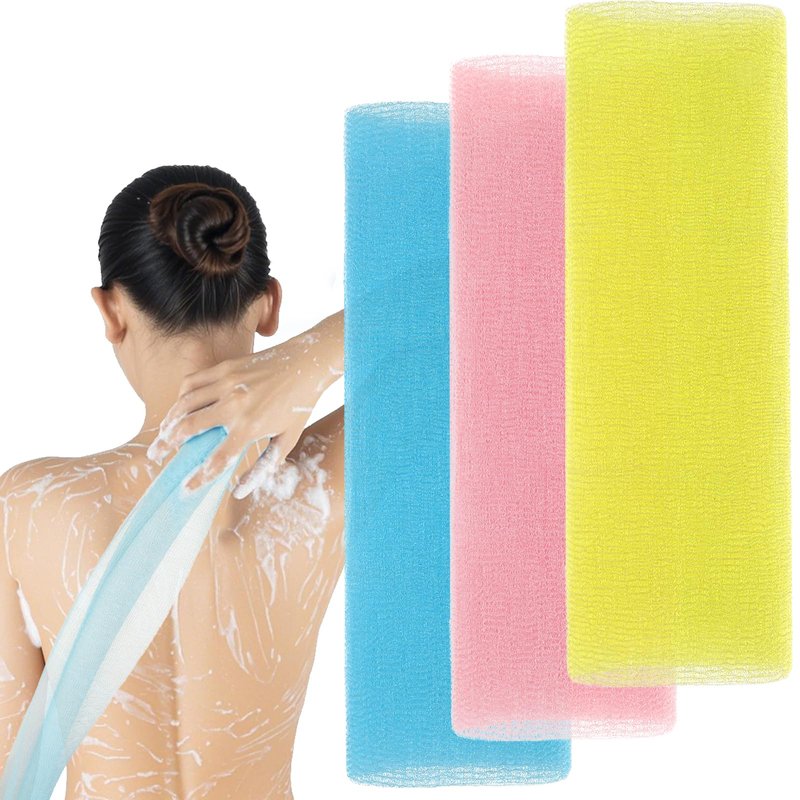 3 Pcs Exfoliating Washcloth, 35 Inch Exfoliating Bath Cloth Body Scrubber Wash Cloths for Showering Towel Japanese Washcloth Loofah Sponge Net Rag Back Washer