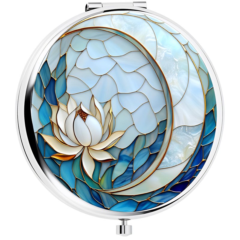 Silver Compact Mirror, 2.8x2.8inch Double-Sided Folding Makeup Mirror with Blue Lotus Moon Design, Ideal Gift for Women