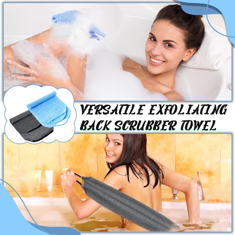 Back Scrubber for Shower Exfoliating Washcloth Back Cloth Body Extended Length Scrubber Towel Nylon Exfoliating Stretchable Pull Strap Wash Cloth for Bath Body Scrub Washcloth 2 Pack (Gray,Blue)