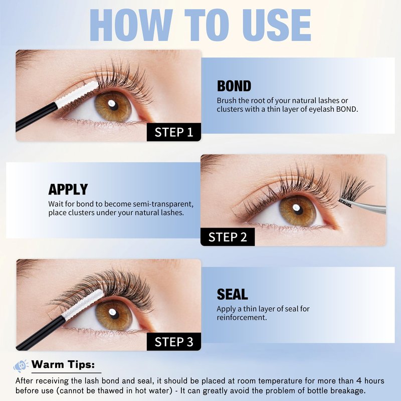 Lash Bond and Seal 10ml GEMERRY Bond and Seal Lash Glue for Lash Clusters Strong Hold 48-72 Hours Cluster Lash Glue Lash Bond and Seal Waterproof Mascara Wand Bond and Seal(Clear, 10ml)