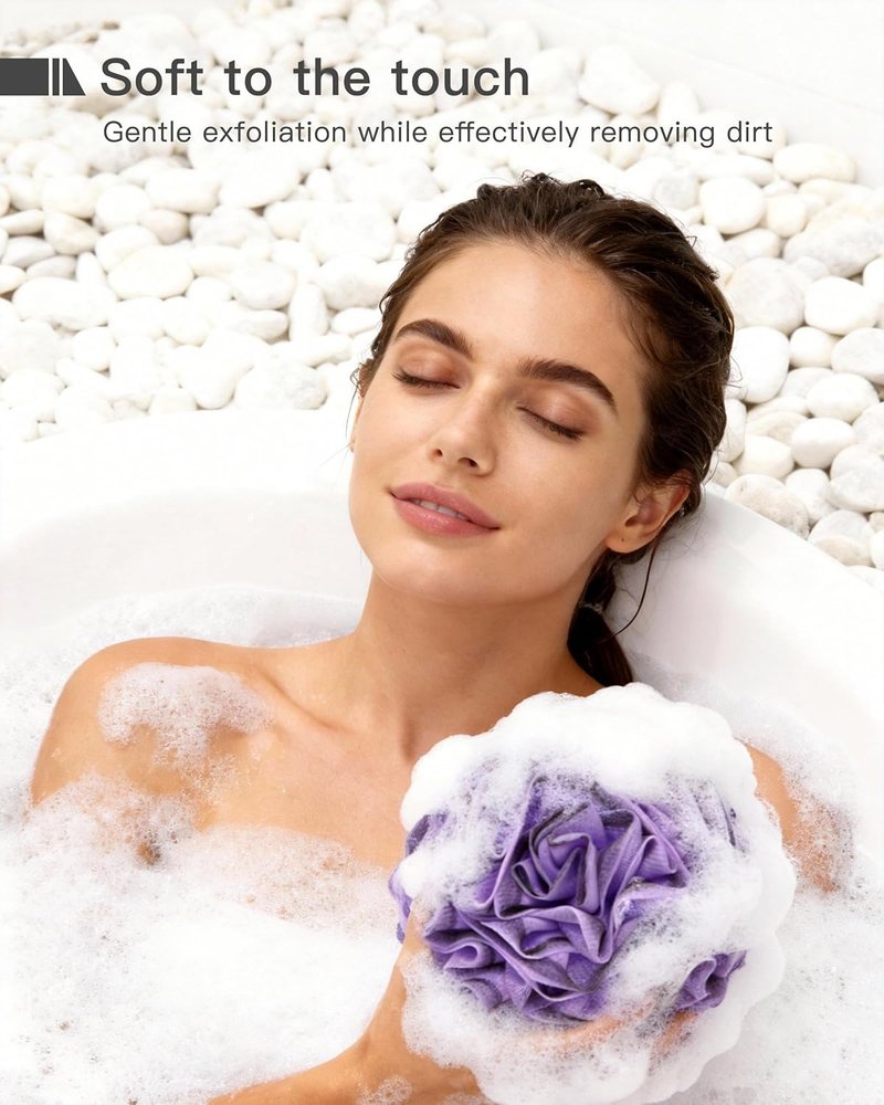 Loofah Bath Sponge | Large Exfoliating Flower Body Scrubber - Soft, Durable & Rich Lather | 4-Piece Set (Green-Blue)