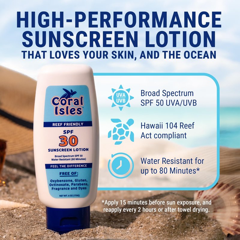 Coral Isles Sunscreen SPF 30 | Hawaii Reef Act Compliant | Octinoxate & Oxybenzone Free | Broad Spectrum UVA/UVB Protection | Water Resistant 80 Min. | Fragrance Free | 6 Fl Oz (Pack of 1))