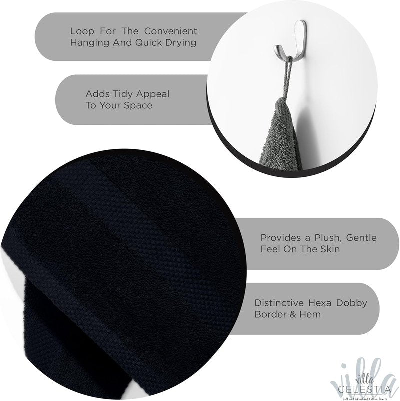 Cotton Washcloths Set of 6 - 100% Ring-Spun Combed Cotton, Soft & Absorbent | 12x12 Inch, Black