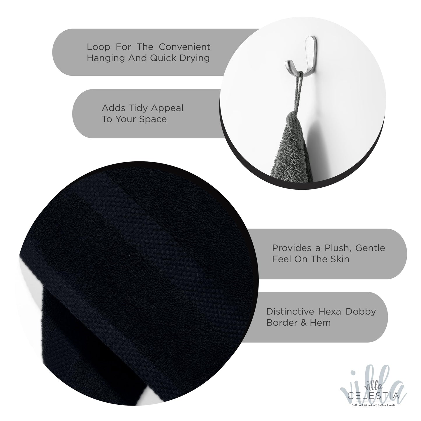 Villa Celestia Cotton Washcloths Set of 6, 12x12 Inch, 100% Ring-Spun Combed Cotton, Soft Absorbent Quick-Dry Wash Cloths for Face and Body, Oeko-TEX Certified, Hotel & Spa Quality, Black