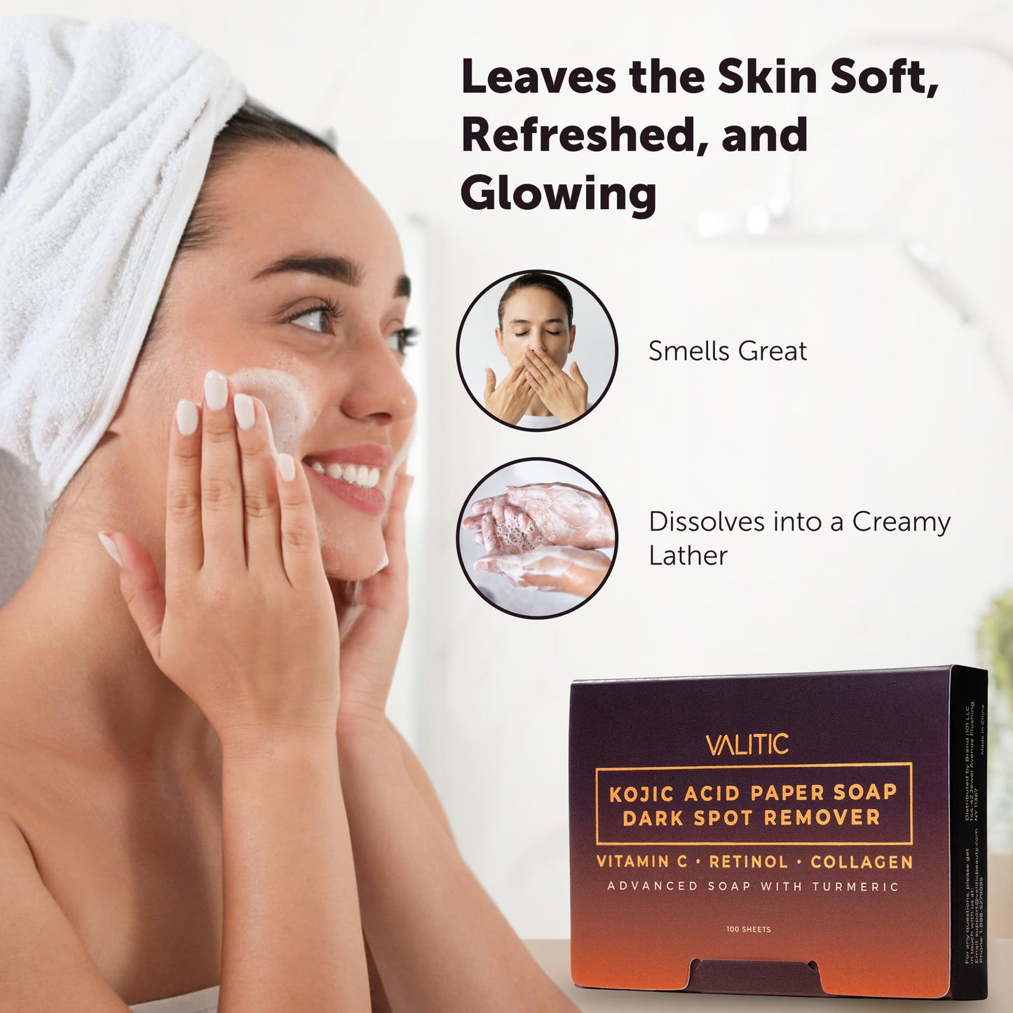 VALITIC Turmeric Kojic Acid Cleansing Soap Melting Sheets - Dark Spot Corrector Paper Soap - 100 Travel Size Facial Exfoliating Sheets With Vitamin C, Retinol, Collagen - 3 Pack