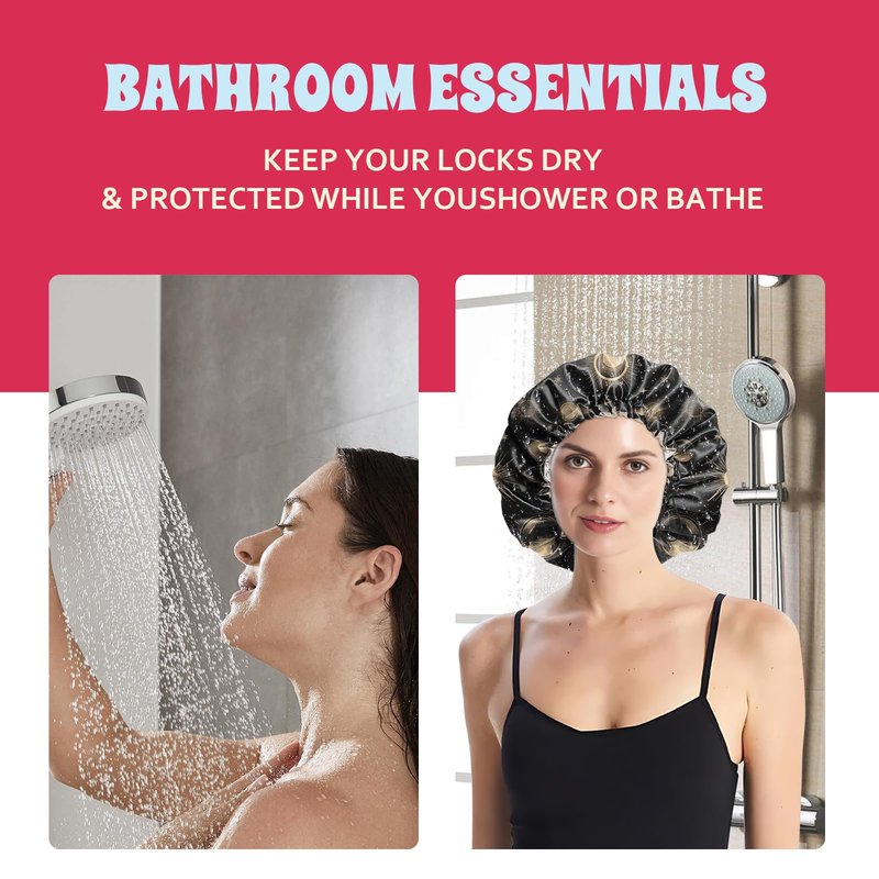 BHAHB Luxury Shower Cap Satin Lined Reusable Waterproof Double Layer Elastic Adjustable Hair Bath Cap Cute Aesthetic Women Girls-Moon