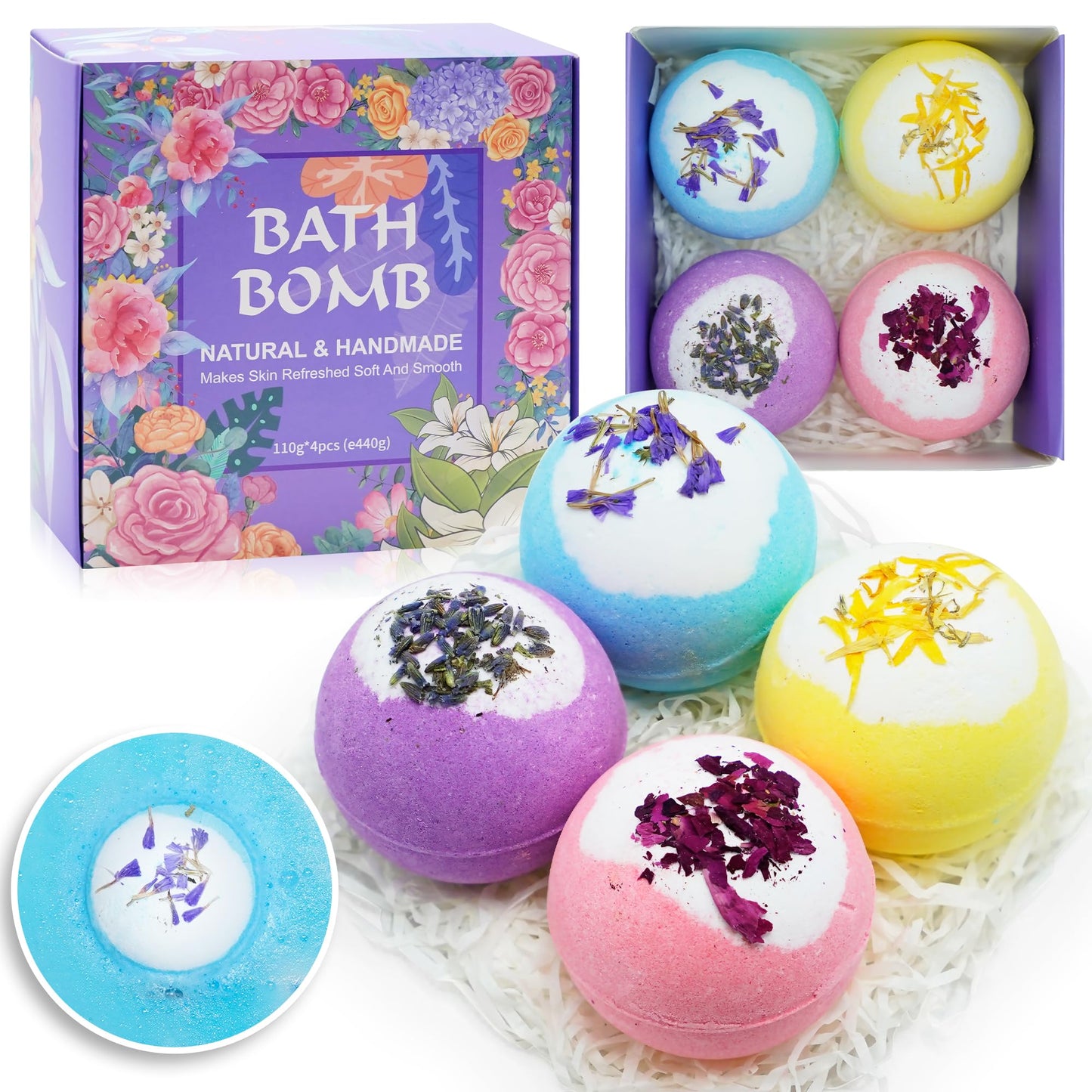 Bath Bombs for Women Relaxing-4 Natural and Organic Bath Bombs with Essential Oils & Moisturizing Shea Butter,Gifts for Her, Girls, Wife, Birthday and Christmas