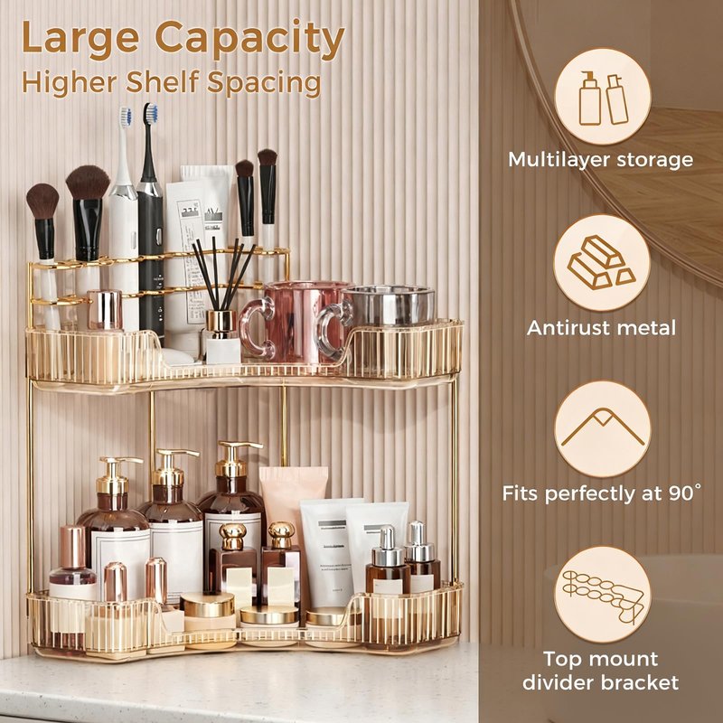 BEFSOP Corner Bathroom Counter Organizer, Upgraded 2-Tier Makeup Organizer Countertop with Makeup Brush Holder, Skincare Exquisite Vanity Organizers Countertop Bathroom Storage Dresser(GOLD)
